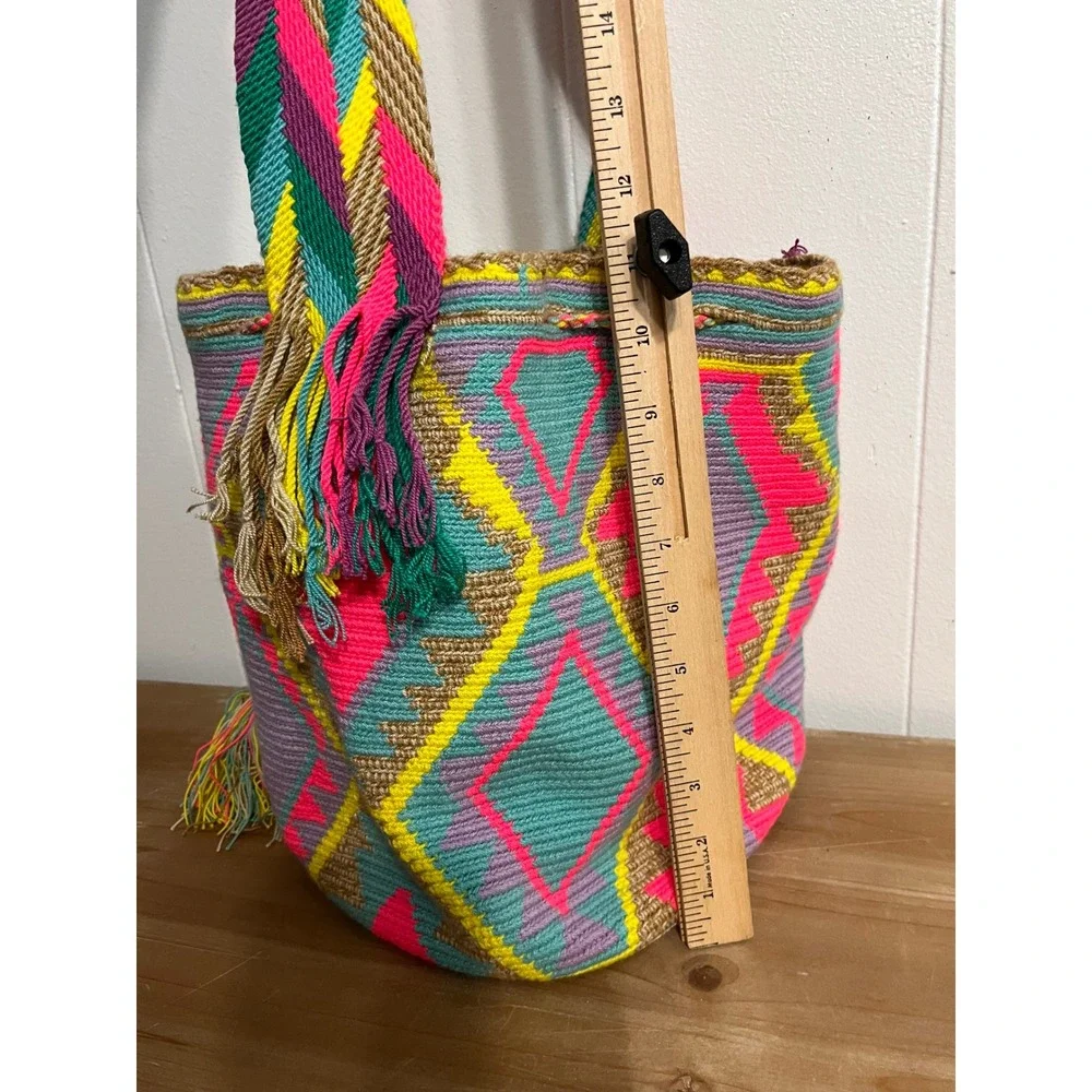 Handmade‎ Woven Crochet Bag Multi Color Diamond Pattern Tassels Shoulder Bag